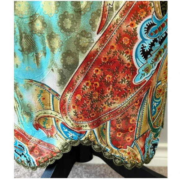 Vintage Ubu Paisley Floral Popcorn Maxi Dress Boho Scalloped Lace Trim Belted - Picture 7 of 14